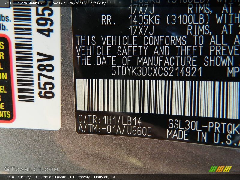 2012 Sienna XLE Predawn Gray Mica Color Code 1H1
