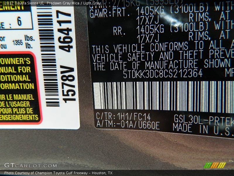 Predawn Gray Mica / Light Gray 2012 Toyota Sienna LE