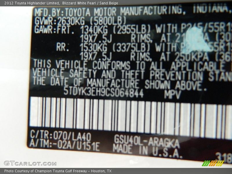Blizzard White Pearl / Sand Beige 2012 Toyota Highlander Limited