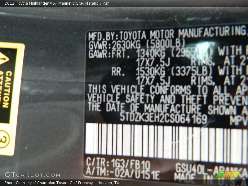 2012 Highlander V6 Magnetic Gray Metallic Color Code 1G3