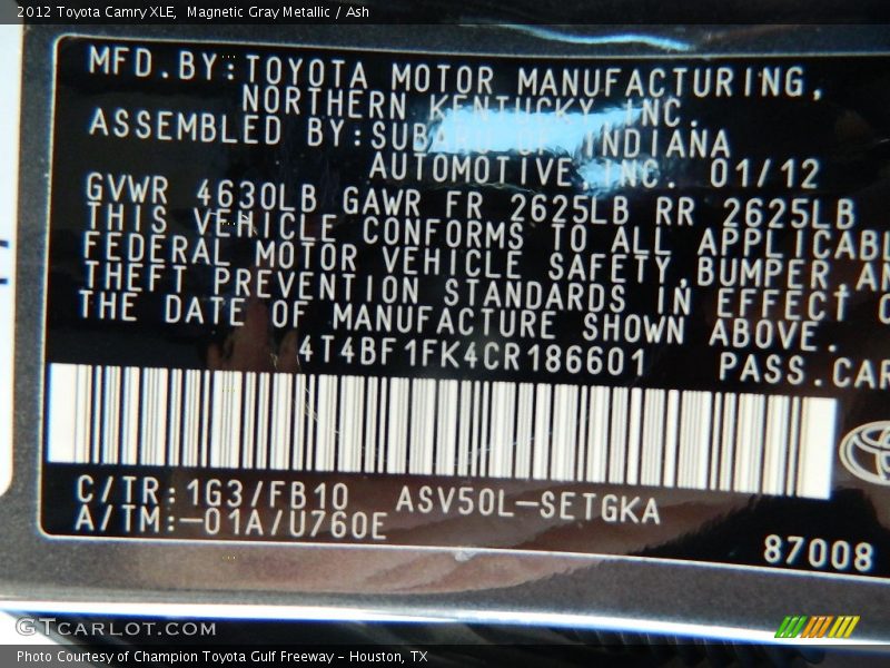 2012 Camry XLE Magnetic Gray Metallic Color Code 1G3