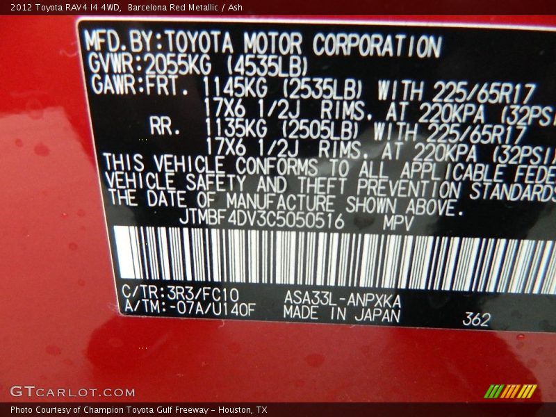 2012 RAV4 I4 4WD Barcelona Red Metallic Color Code 3R3