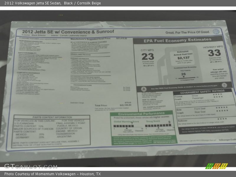 Black / Cornsilk Beige 2012 Volkswagen Jetta SE Sedan