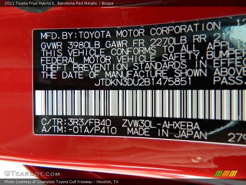 2011 Prius Hybrid II Barcelona Red Metallic Color Code 3R3