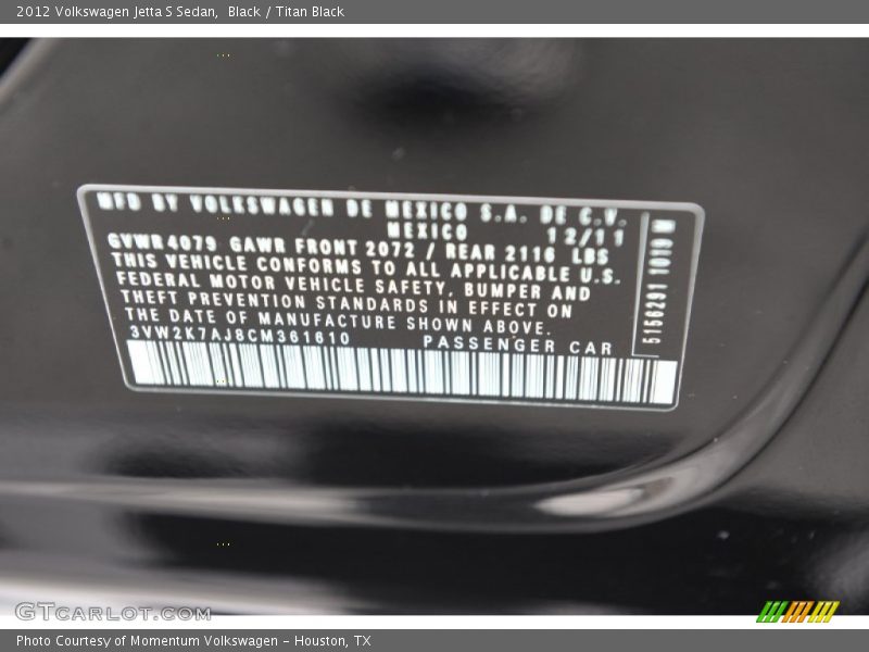 Black / Titan Black 2012 Volkswagen Jetta S Sedan