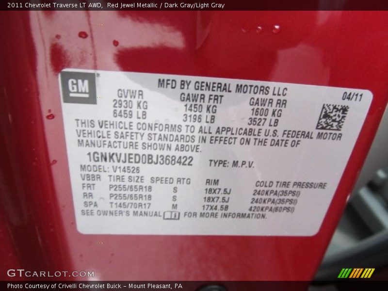Info Tag of 2011 Traverse LT AWD