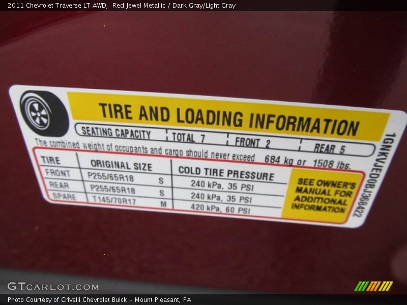 Info Tag of 2011 Traverse LT AWD