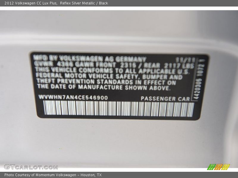 Reflex Silver Metallic / Black 2012 Volkswagen CC Lux Plus