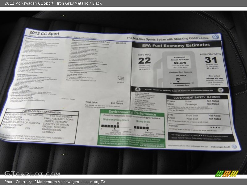 Iron Gray Metallic / Black 2012 Volkswagen CC Sport