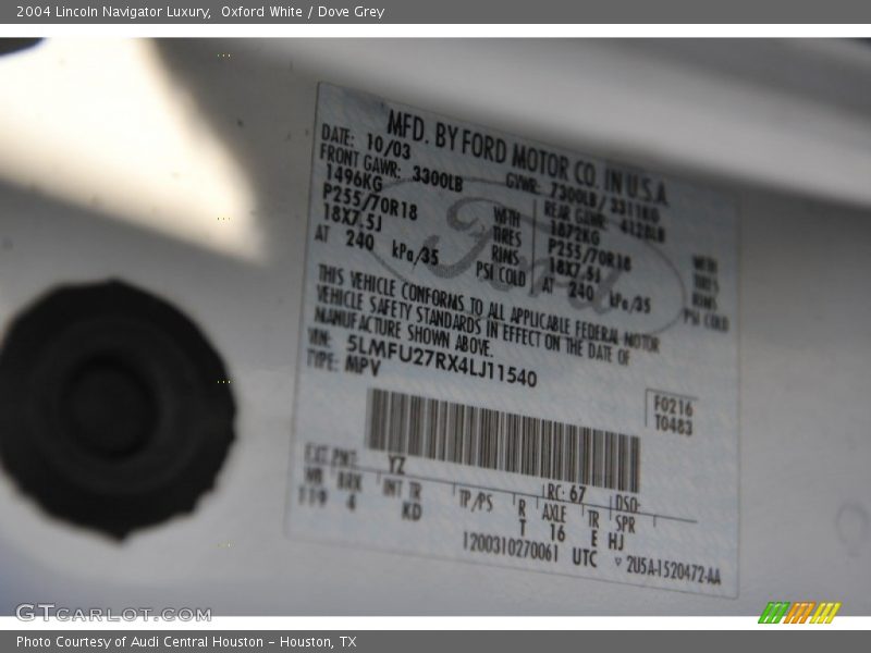 2004 Navigator Luxury Oxford White Color Code YZ