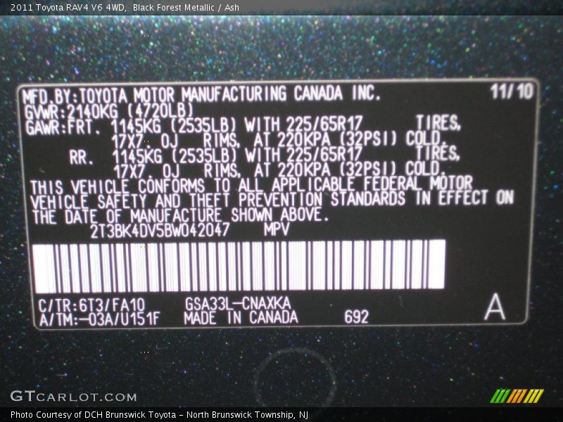 2011 RAV4 V6 4WD Black Forest Metallic Color Code 6T3