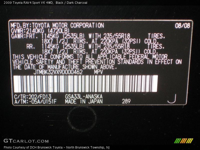 Black / Dark Charcoal 2009 Toyota RAV4 Sport V6 4WD