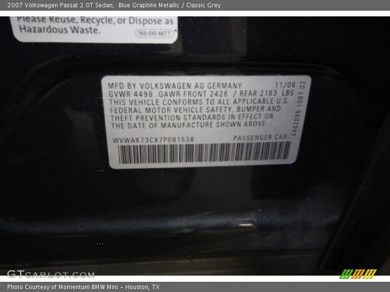Blue Graphite Metallic / Classic Grey 2007 Volkswagen Passat 2.0T Sedan