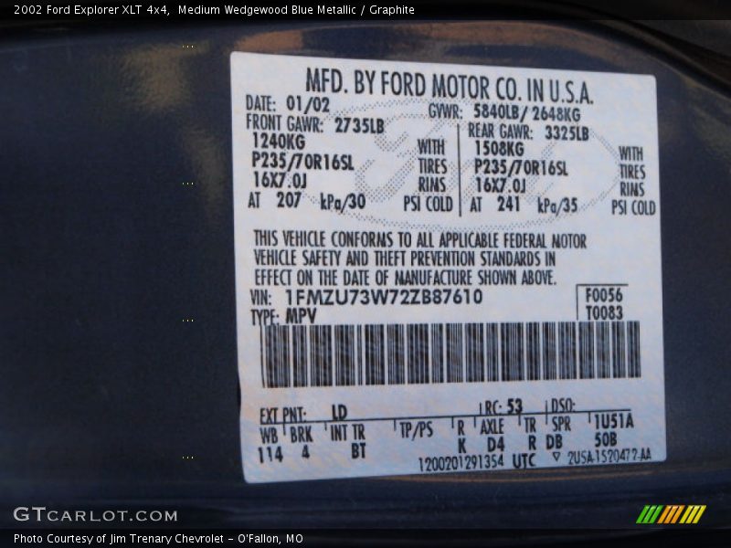 2002 Explorer XLT 4x4 Medium Wedgewood Blue Metallic Color Code LD