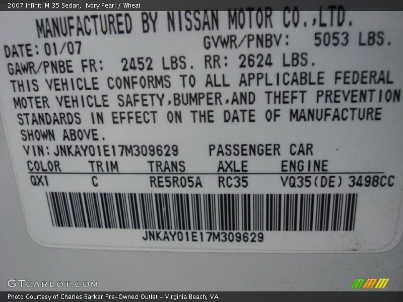 2007 M 35 Sedan Ivory Pearl Color Code QX1