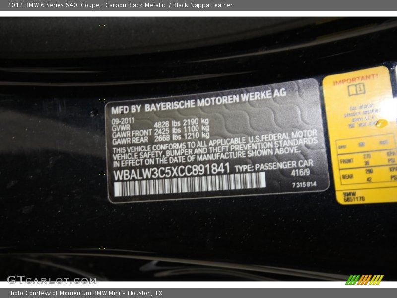 Carbon Black Metallic / Black Nappa Leather 2012 BMW 6 Series 640i Coupe