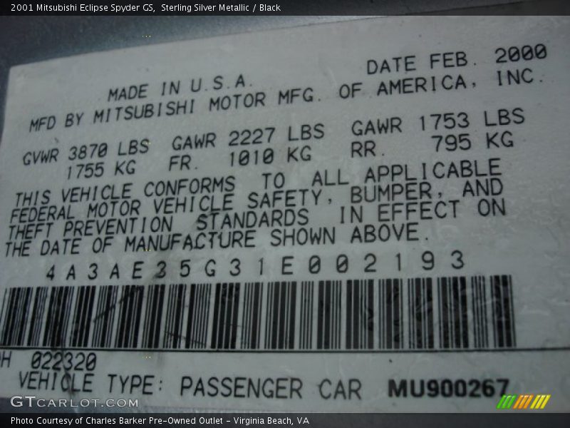 Sterling Silver Metallic / Black 2001 Mitsubishi Eclipse Spyder GS