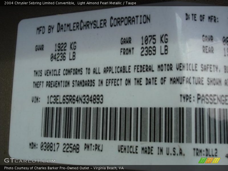 2004 Sebring Limited Convertible Light Almond Pearl Metallic Color Code PKJ
