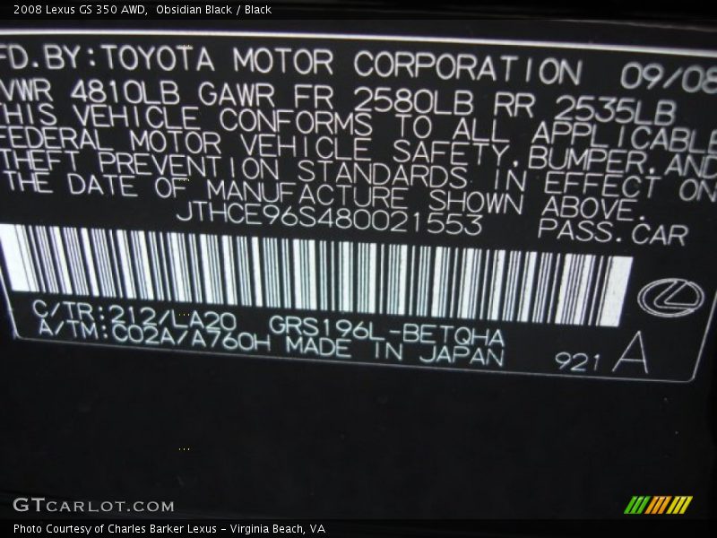 Obsidian Black / Black 2008 Lexus GS 350 AWD