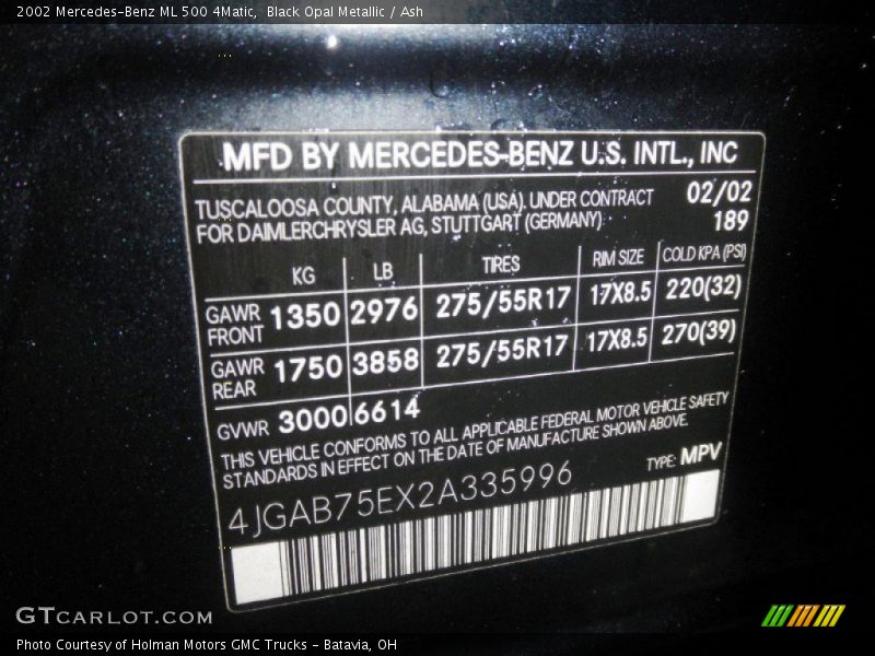 2002 ML 500 4Matic Black Opal Metallic Color Code 189