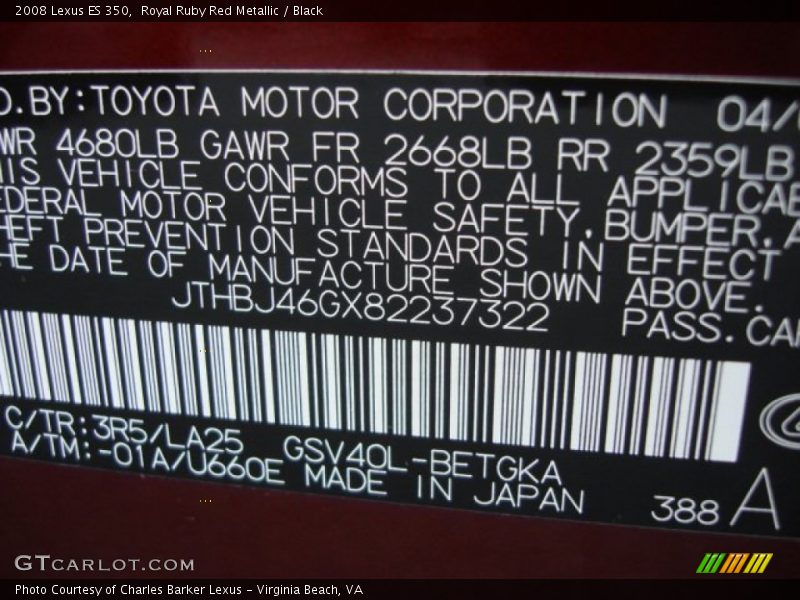 2008 ES 350 Royal Ruby Red Metallic Color Code 3R5