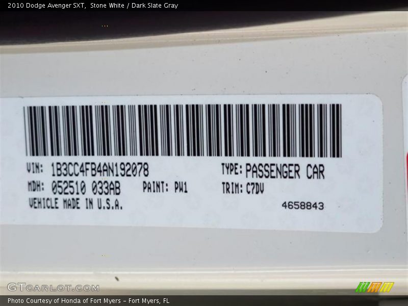 Stone White / Dark Slate Gray 2010 Dodge Avenger SXT