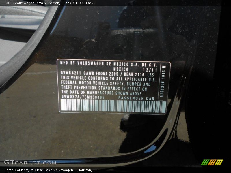 Black / Titan Black 2012 Volkswagen Jetta SE Sedan