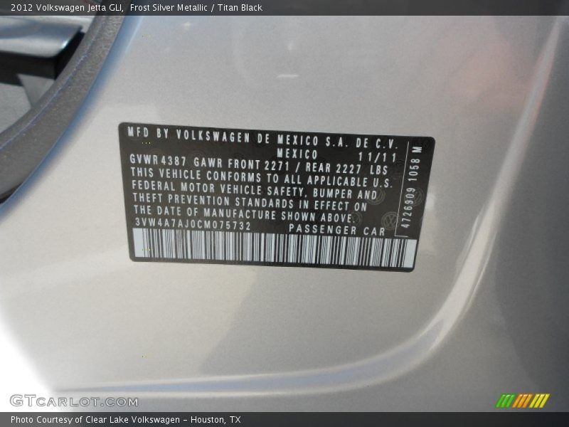 Frost Silver Metallic / Titan Black 2012 Volkswagen Jetta GLI