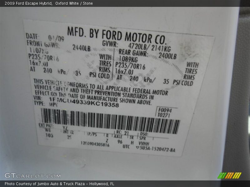 2009 Escape Hybrid Oxford White Color Code YZ