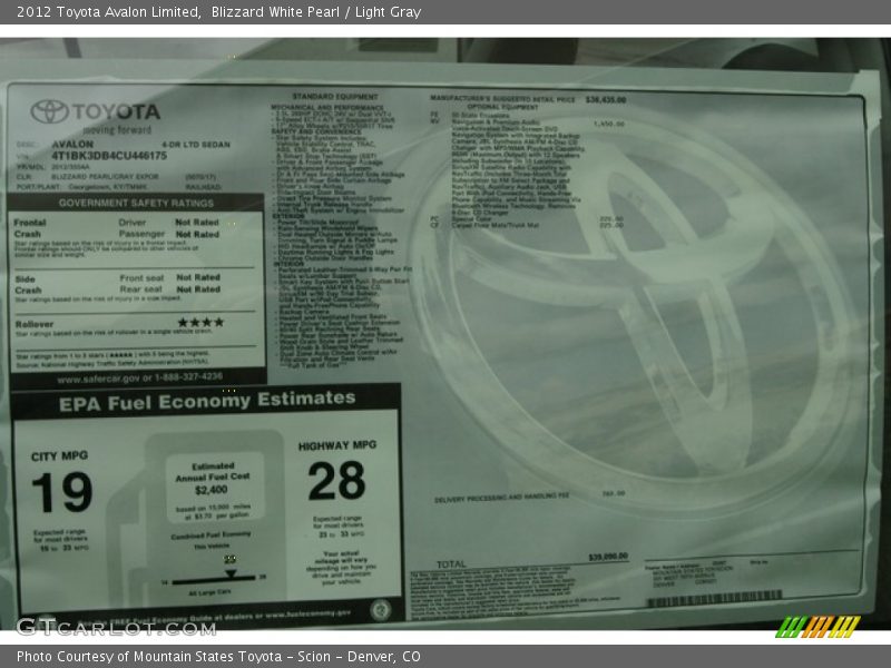  2012 Avalon Limited Window Sticker