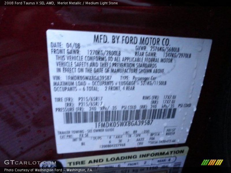 2008 Taurus X SEL AWD Merlot Metallic Color Code FX
