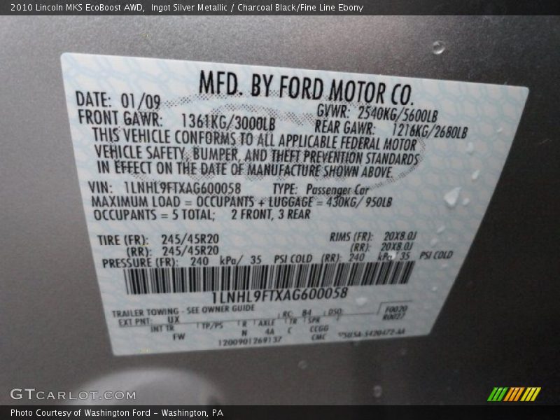 Ingot Silver Metallic / Charcoal Black/Fine Line Ebony 2010 Lincoln MKS EcoBoost AWD