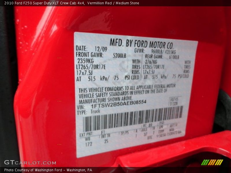 2010 F250 Super Duty XLT Crew Cab 4x4 Vermillion Red Color Code F1