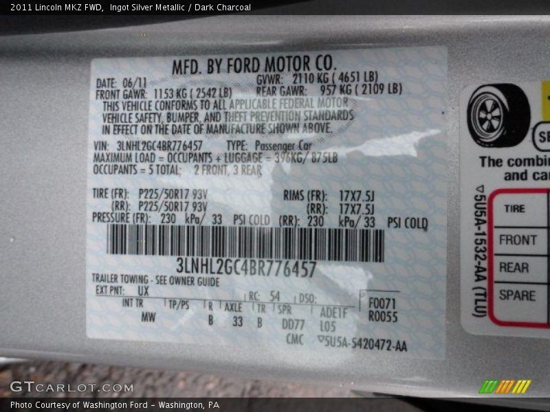 2011 MKZ FWD Ingot Silver Metallic Color Code UX