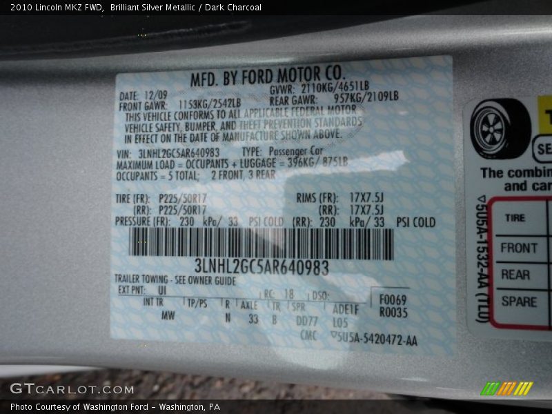 Brilliant Silver Metallic / Dark Charcoal 2010 Lincoln MKZ FWD