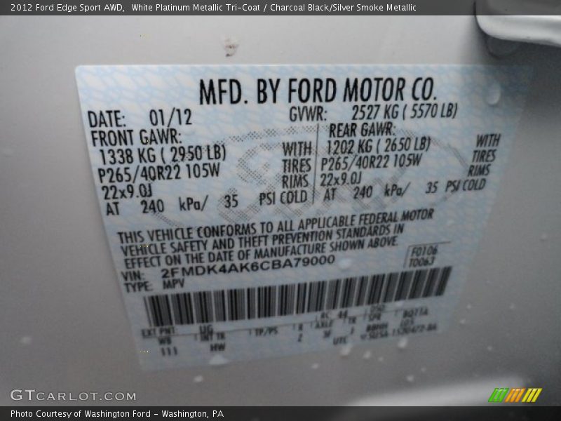2012 Edge Sport AWD White Platinum Metallic Tri-Coat Color Code UG