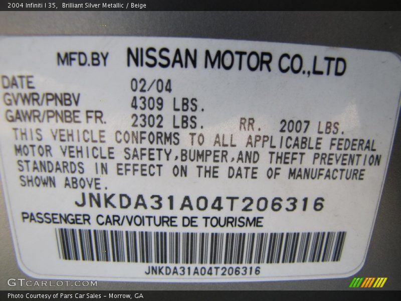 Brilliant Silver Metallic / Beige 2004 Infiniti I 35