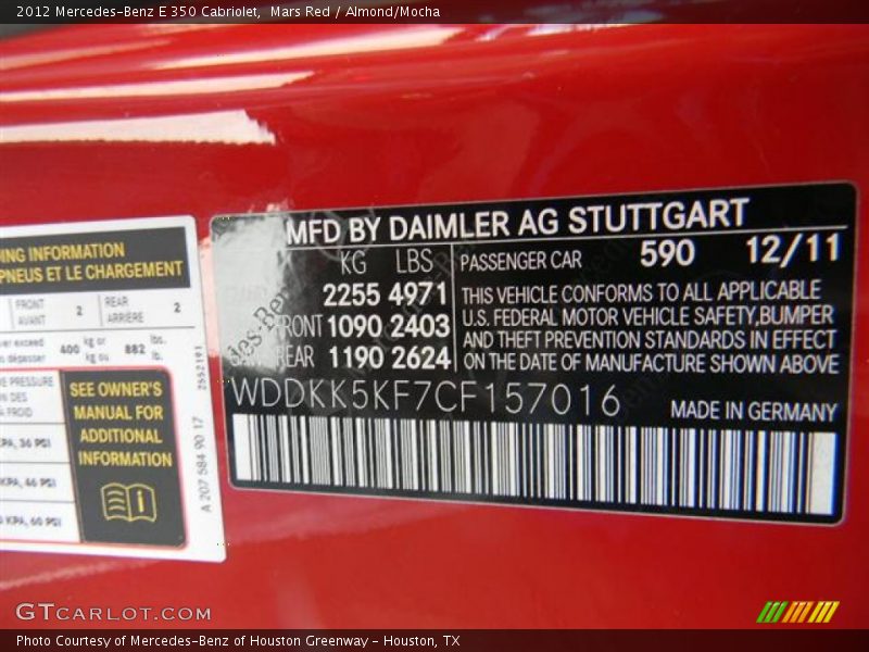 2012 E 350 Cabriolet Mars Red Color Code 590