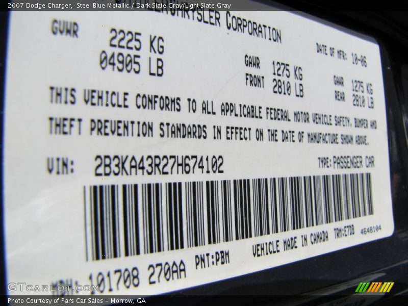 2007 Charger  Steel Blue Metallic Color Code PBM