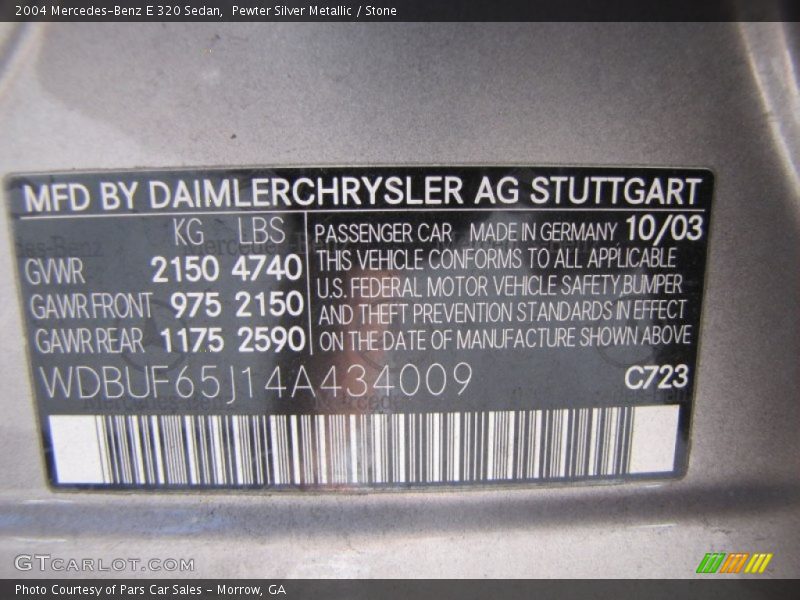 2004 E 320 Sedan Pewter Silver Metallic Color Code 723