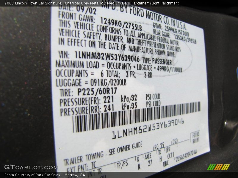 2003 Town Car Signature Charcoal Grey Metallic Color Code TC