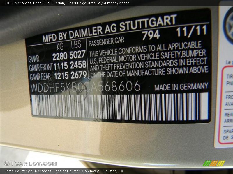 2012 E 350 Sedan Pearl Beige Metallic Color Code 794