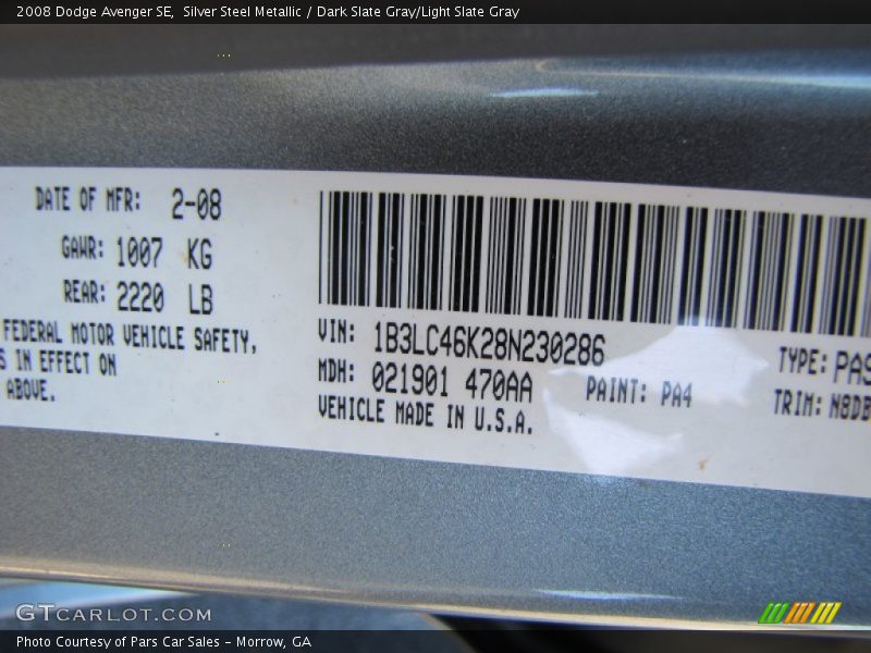 Silver Steel Metallic / Dark Slate Gray/Light Slate Gray 2008 Dodge Avenger SE