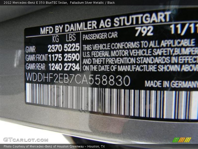 2012 E 350 BlueTEC Sedan Palladium Silver Metallic Color Code 792