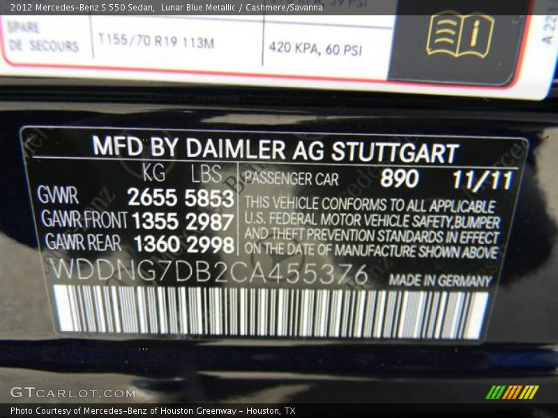 2012 S 550 Sedan Lunar Blue Metallic Color Code 890