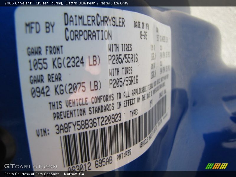 2006 PT Cruiser Touring Electric Blue Pearl Color Code PB5