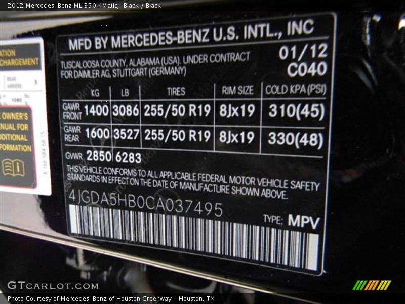 Black / Black 2012 Mercedes-Benz ML 350 4Matic