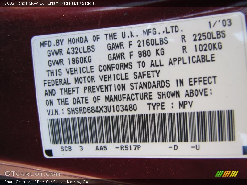 2003 CR-V LX Chianti Red Pearl Color Code R517P