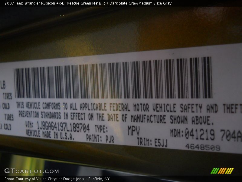 2007 Wrangler Rubicon 4x4 Rescue Green Metallic Color Code PJR
