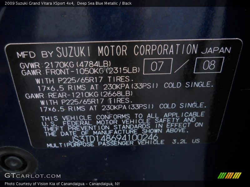 Info Tag of 2009 Grand Vitara XSport 4x4